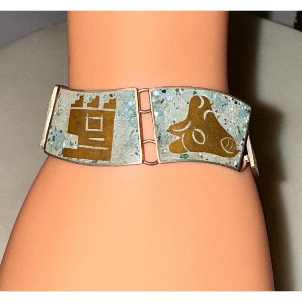 Vintage Sterling Silver Brass Turquoise Inlay Panel Bracelet Hencho En Mexico - Picture 5 of 14